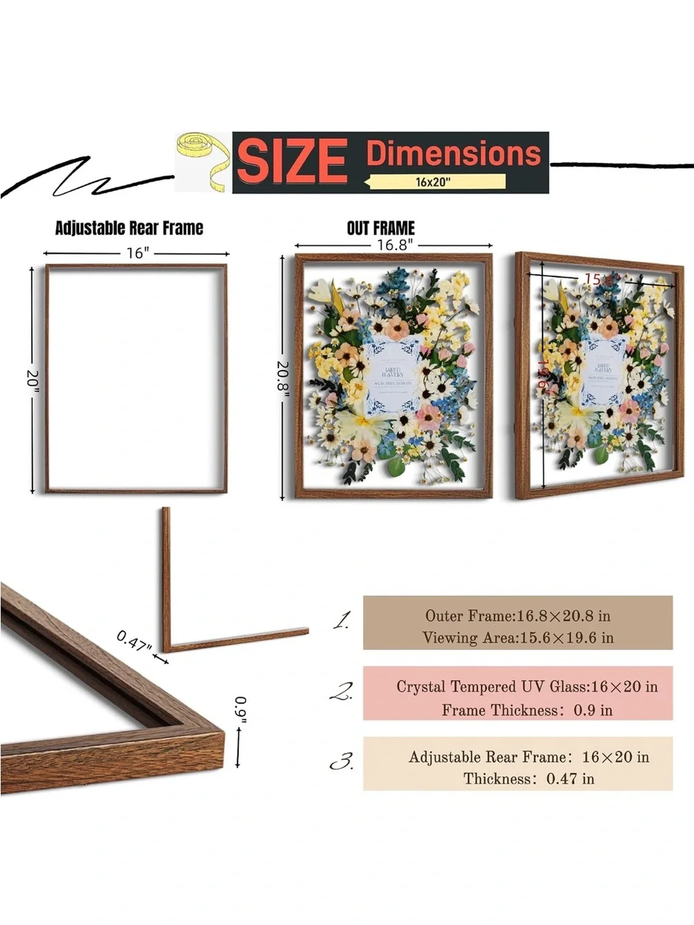 Walnut Wood Floating Glass Frame with Dried Flower Display - Brown